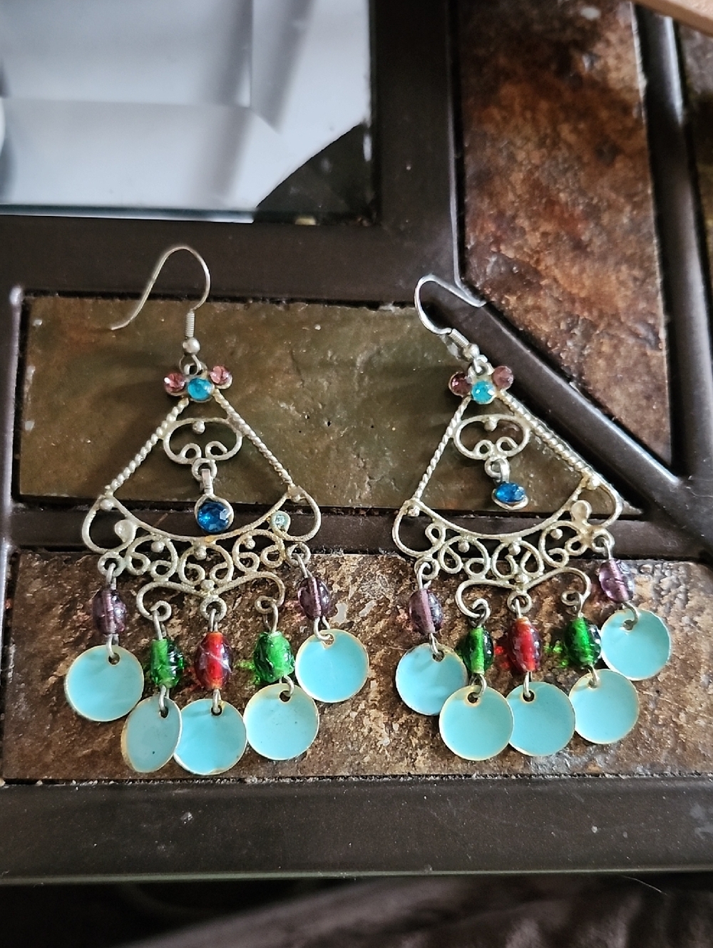 90's Vintage Bohemian Aqua & Multicolor Dangle Chandelier Earrings